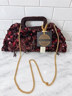 Made In India Burgundy Beaded Sequin Clutch Rectangle Top Handle, Gold Chain NWT